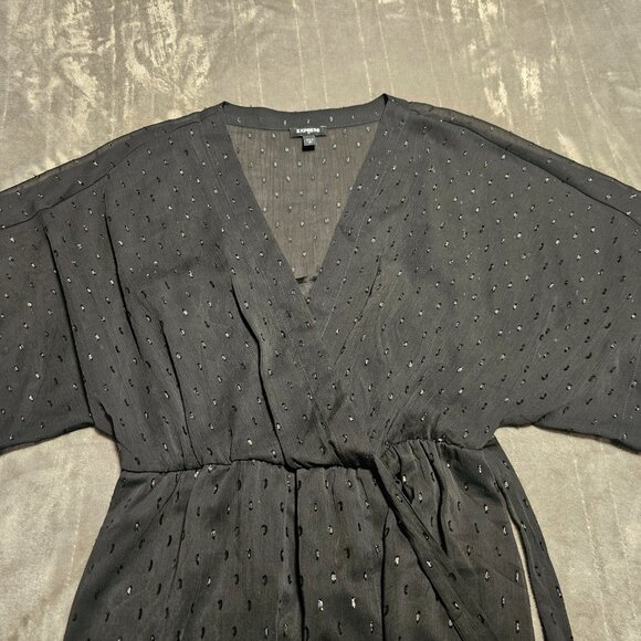 Express Black Sheer Chiffon Glitter Layered Wrap Wide Sleeve Belted Dress - Picture 3 of 8